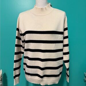 Chic Striped Black and Cream Women's Mock Turtleneck Sweater